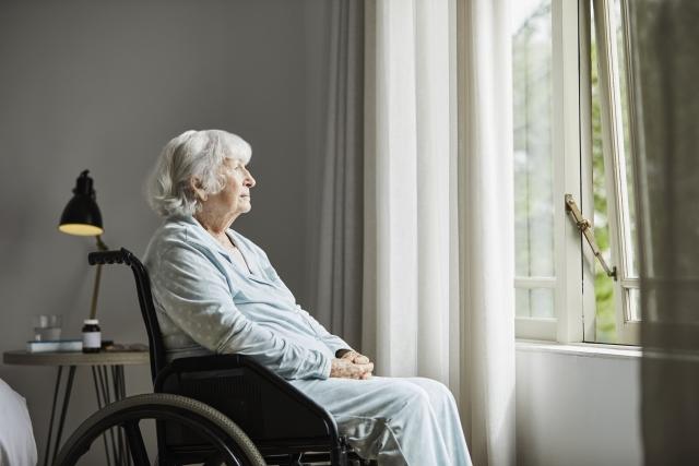 woman in a wheelchair looking out a window
